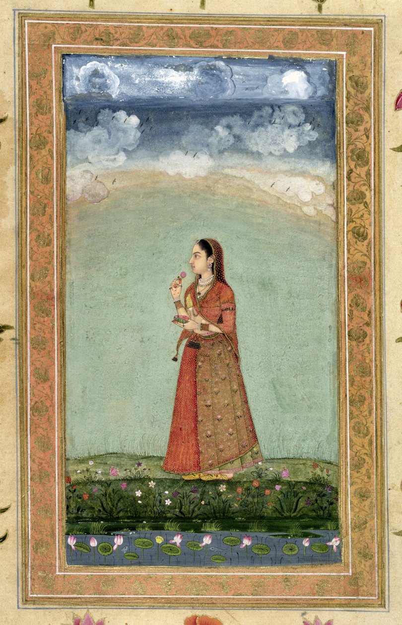 Dam som håller en skål med rosor, från Small Clive Album (ogenomskinlig wc på papper) av Mughal School