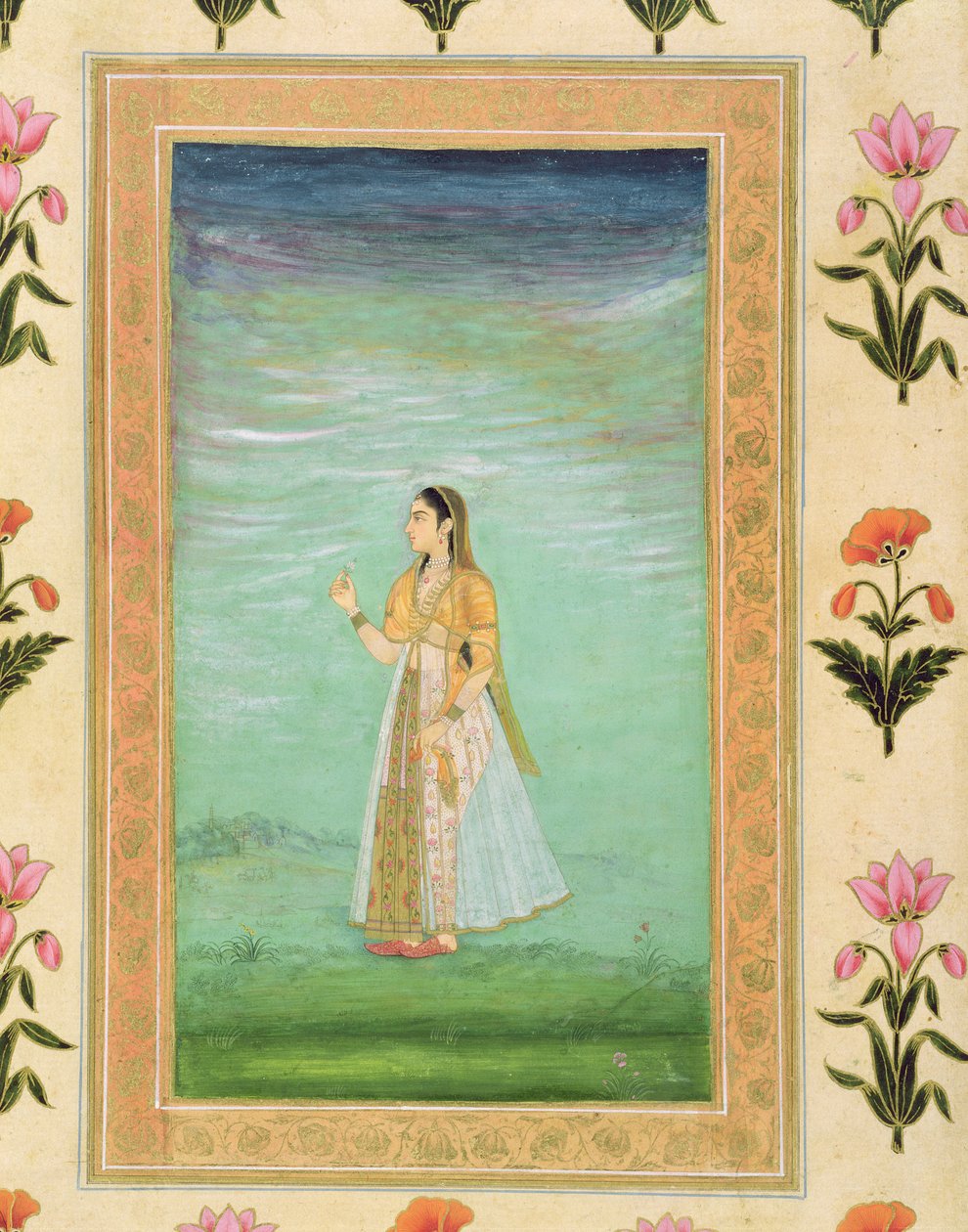 Dam som håller en blomma, från Small Clive Album (ogenomskinlig wc på papper) av Mughal School