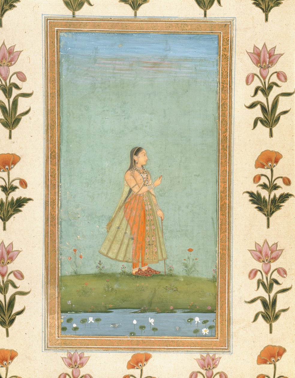 Dam som håller en blomma, står vid en liljedamm, från Small Clive Album (ogenomskinlig wc på papper) av Mughal School