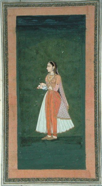 Dam som håller en vinflaska och en kopp, från Small Clive Album (ogenomskinlig akvarell på papper) av Mughal School
