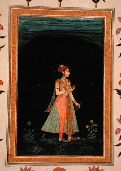 En kvinna som håller en vinflaska och ett glas på natten, från Small Clive Album av Mughal School