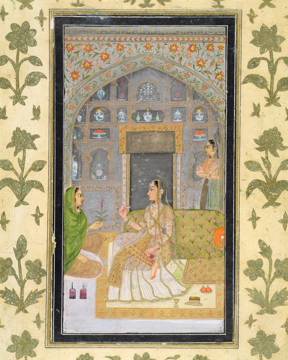 Damen sitter i en paviljong med skötare, från Small Clive Album (ogenomskinlig wc på papper) av Mughal School