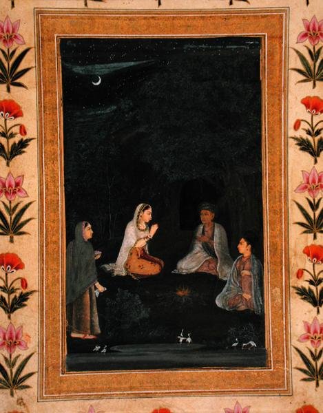 Dam som besöker ett ashram på natten, från Small Clive Album av Mughal School