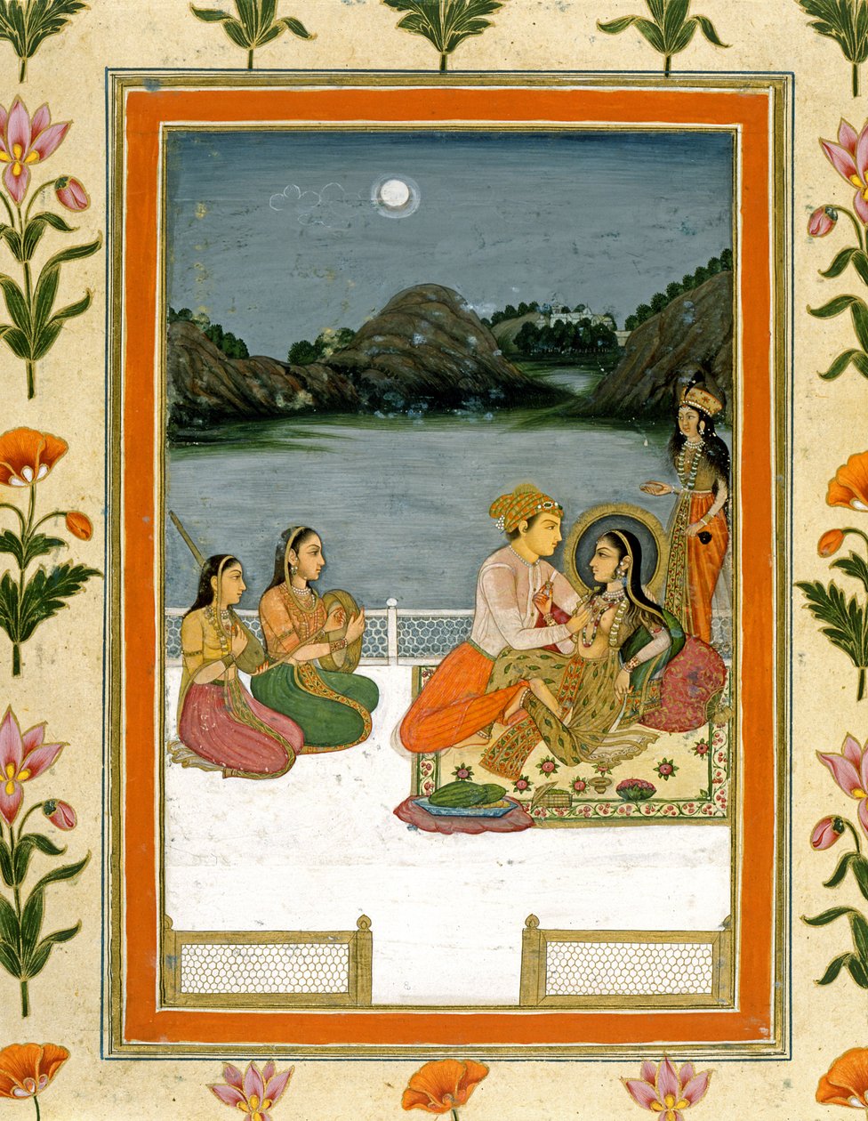 Älskare på en terrass vid en månbelyst sjö, från Small Clive Album (ogenomskinlig wc på papper) av Mughal School