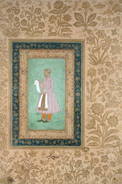 Porträtt av Murtaza Khan som håller en rulle, ca 1610 (gouache på pergament) av Mughal School