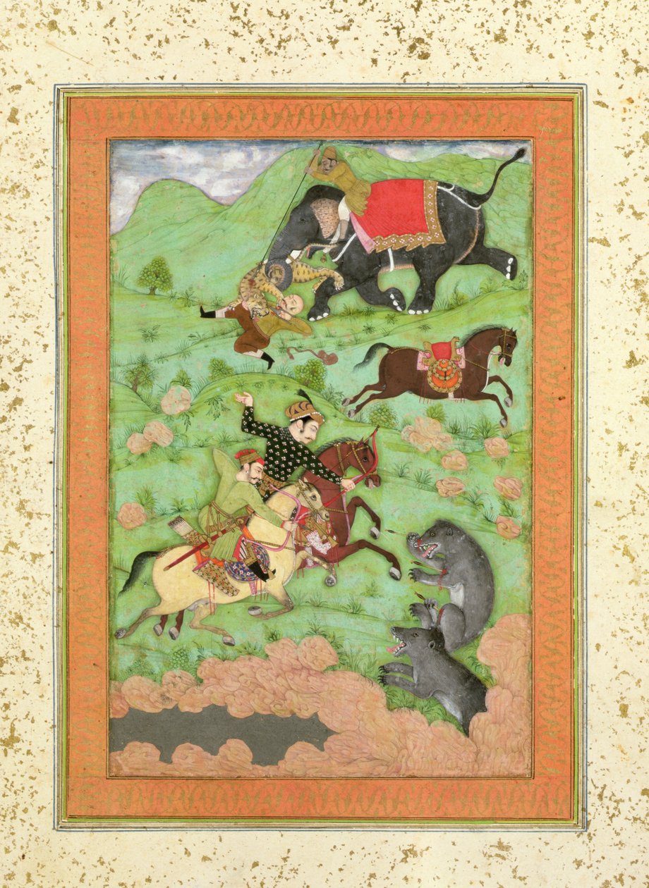 Rajput-prinsar som jagar björn; en mahout och hans elefant räddar en fallen ryttare från en tiger, från Large Clive Album av Mughal School