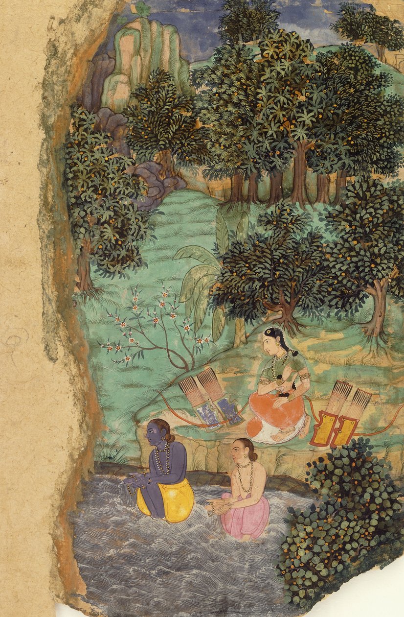 Rama och Lakshmana erbjuder vatten till sin döda far på stranden av floden Mandakini, ca 1595 av Mughal School