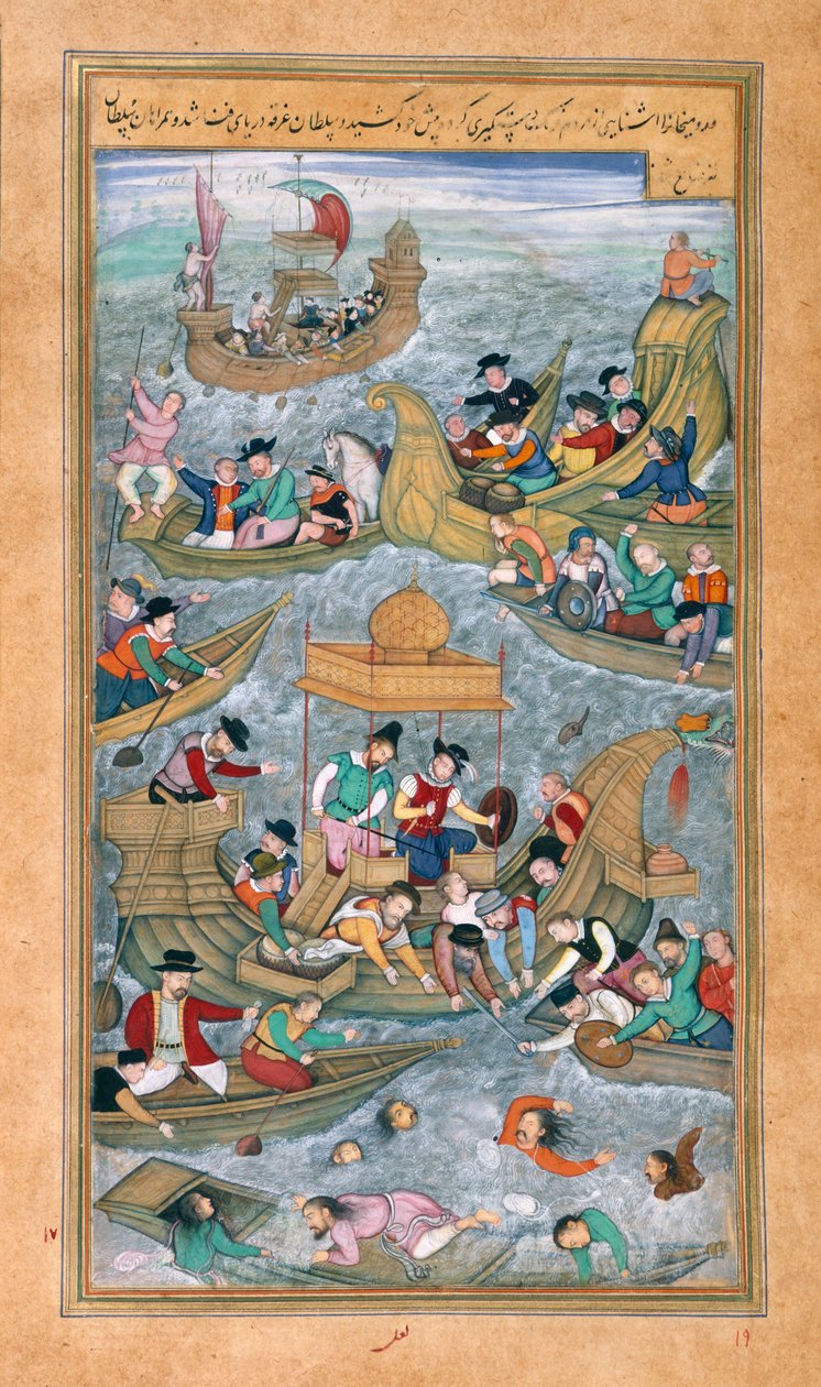 Sultan Bahadur och Rumi Khan hoppar i havet när de är omgivna av portugisiska båtar, från Akbarnama av Mughal School