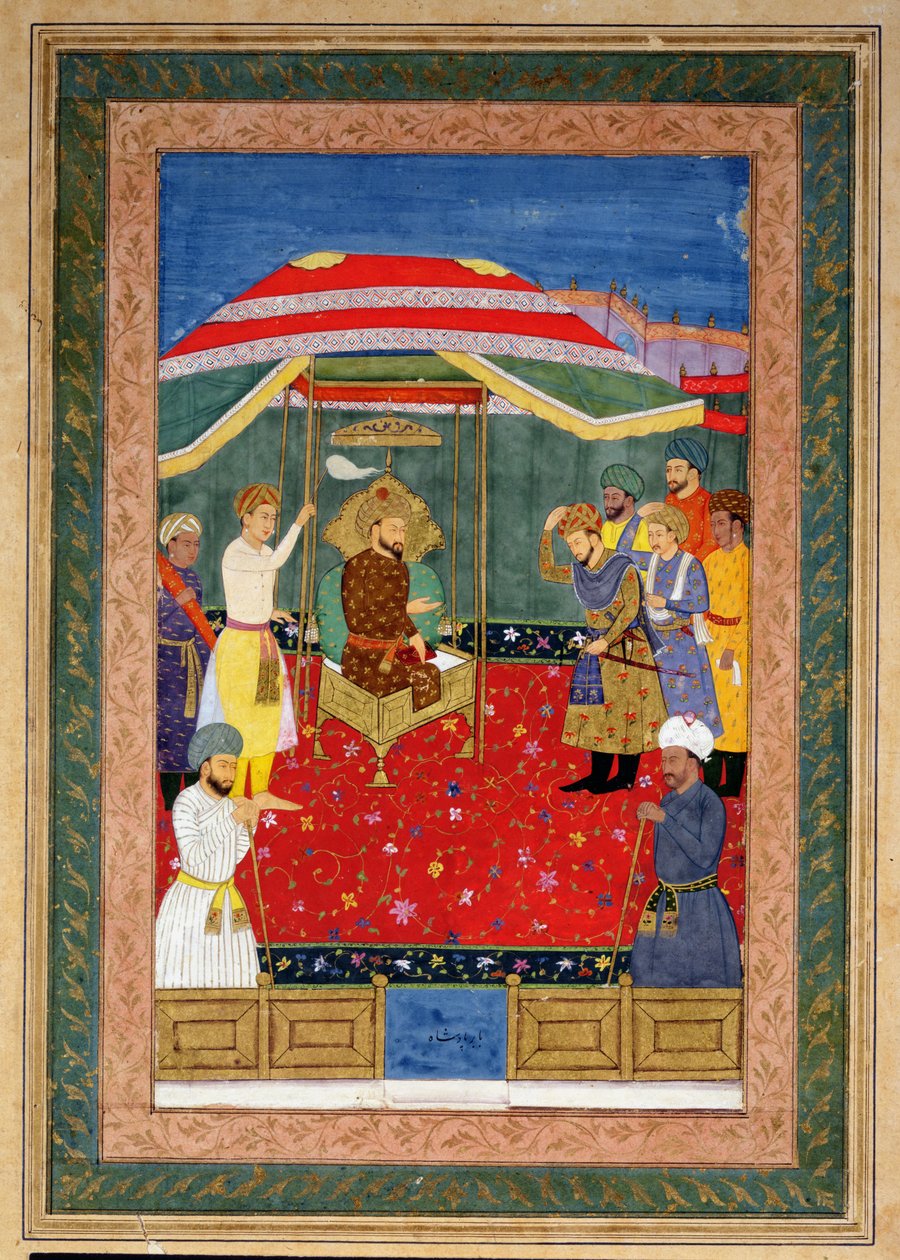 Mughal-kejsaren Babur (1526-30) sitter på en tron och tar emot en prins, Johnson Album I, nr 3 numrerad 65 av Mughal School