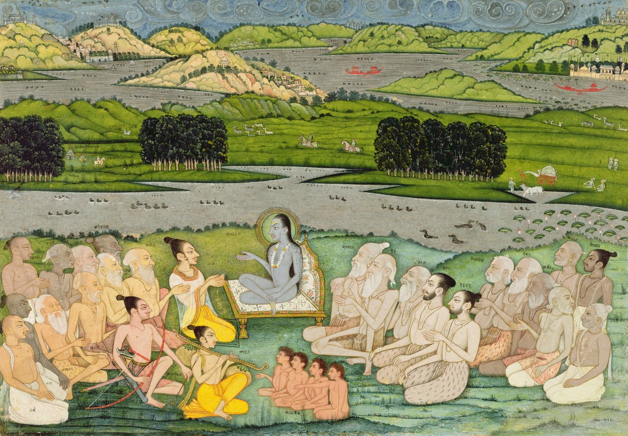 Vismannen Shuku Deva tilltalar kung Parikshit och en grupp Sadhus, ca 1760, av Mughal School