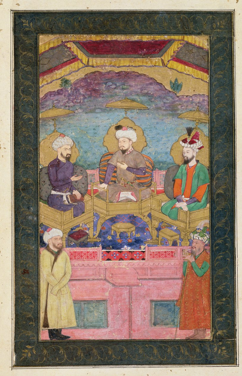 Timur (1336-1405), Babur (1483-1530, r.1526-30) og Humayan (1508-56, r.1530-56) tronede sammen, fra Large Clive Album, fra et c17. originalsvenske av Mughal School