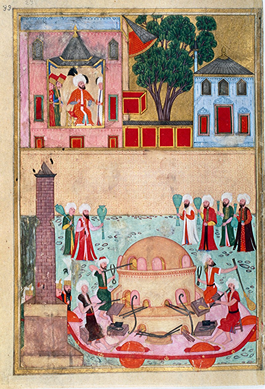 Glasblåsningsshow i Constantinople Racecourse Sidan hämtad från smeknamnet-i Humayun (Efternamn i Humayun) eller "Boken om festligheter" (ms. hazine 1344) illustrerad av Osman. cirka 1582 (Istanbul) Istanbul, Topkapi Seray av Mughal School Osman