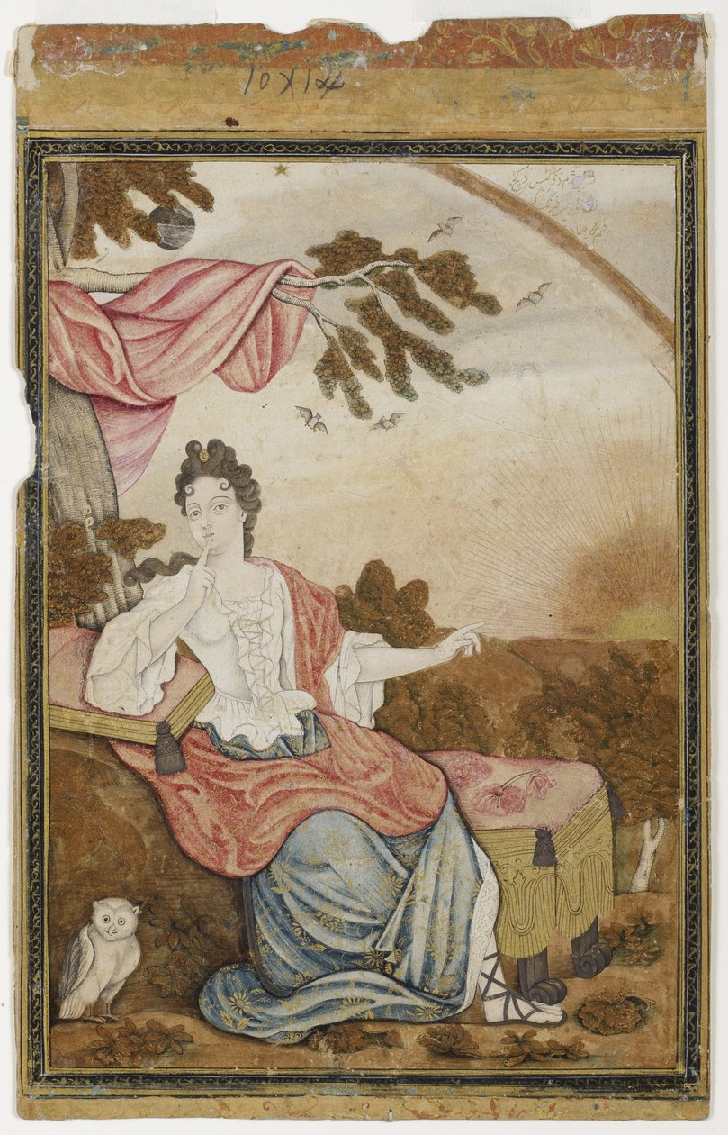 En europeisk kvinna som sitter under en gren med en uggla, 1700-32 (ogenomskinlig wc och guld på papper) av Muhammad Sadiq