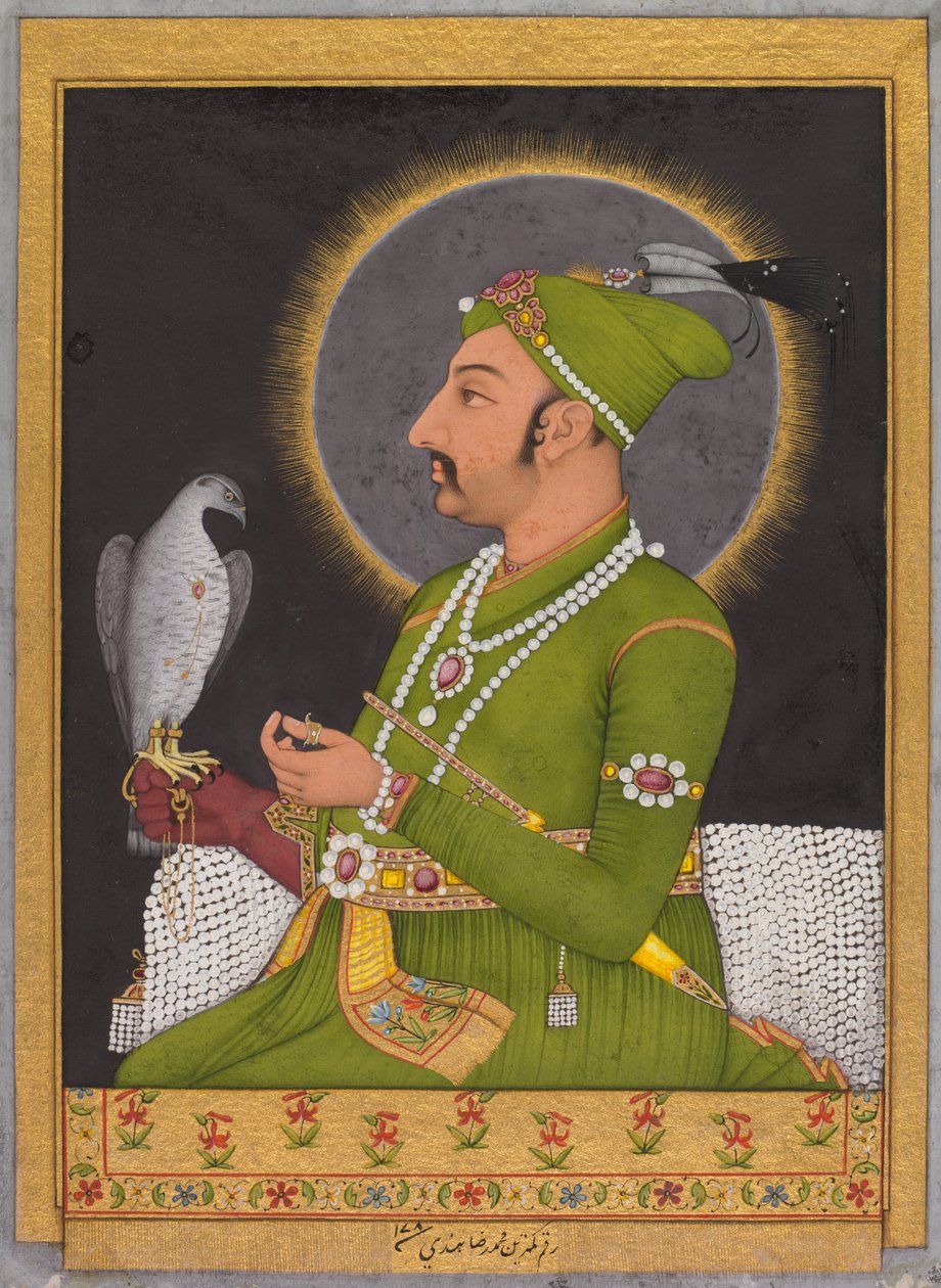 Postumt porträtt av mogulkejsaren Muhammad Shah (regerade 1719-1748) med en falk i handen av Muhammad Riza i Hindi