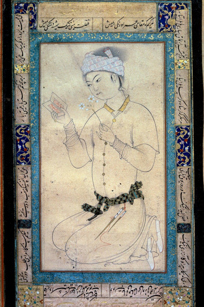 En ung man med böcker och narcissar persisk miniatyr vid Muhammad Shaykhs gouache av Muhammad Shaykh