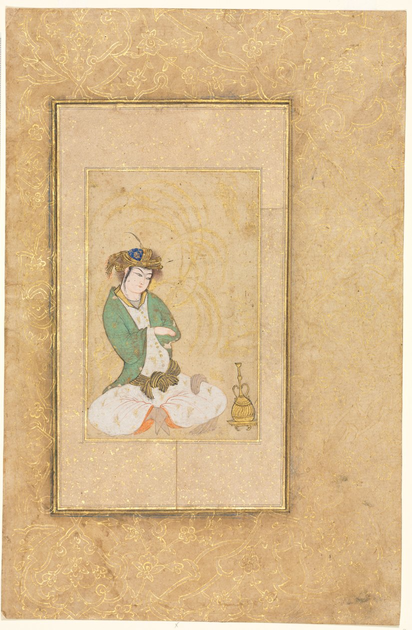 Ungdom sitter vid en pil, illustration på en sida, ca. 1600-1650. av Muhammad Yusuf