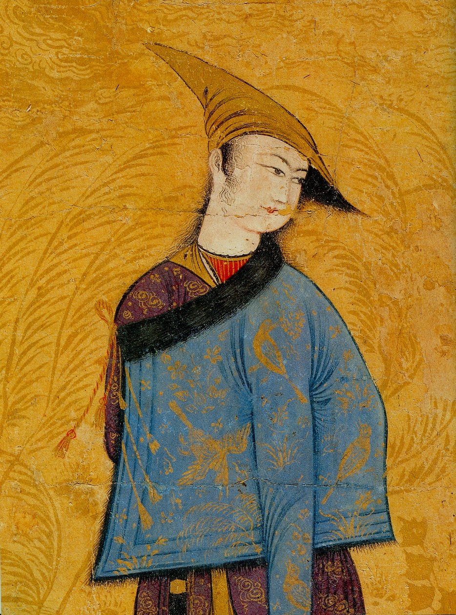 Ungdom iklädd en kort pälsfodrad kappa över axeln, 1640-tal av Muhammad Yusuf