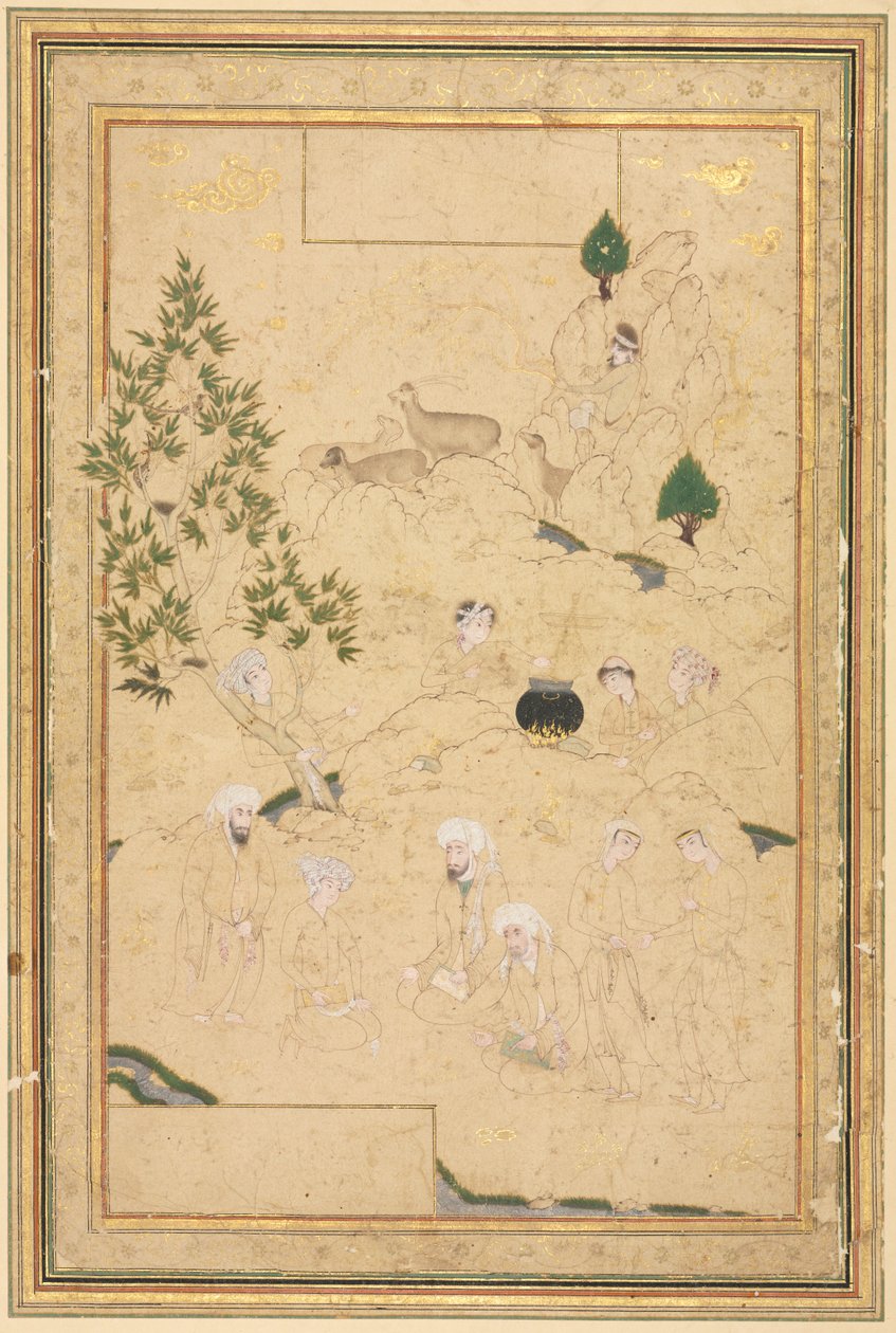 Picknick i bergen, illustration på en sida, ca. 1550-1600. av Muhammadi