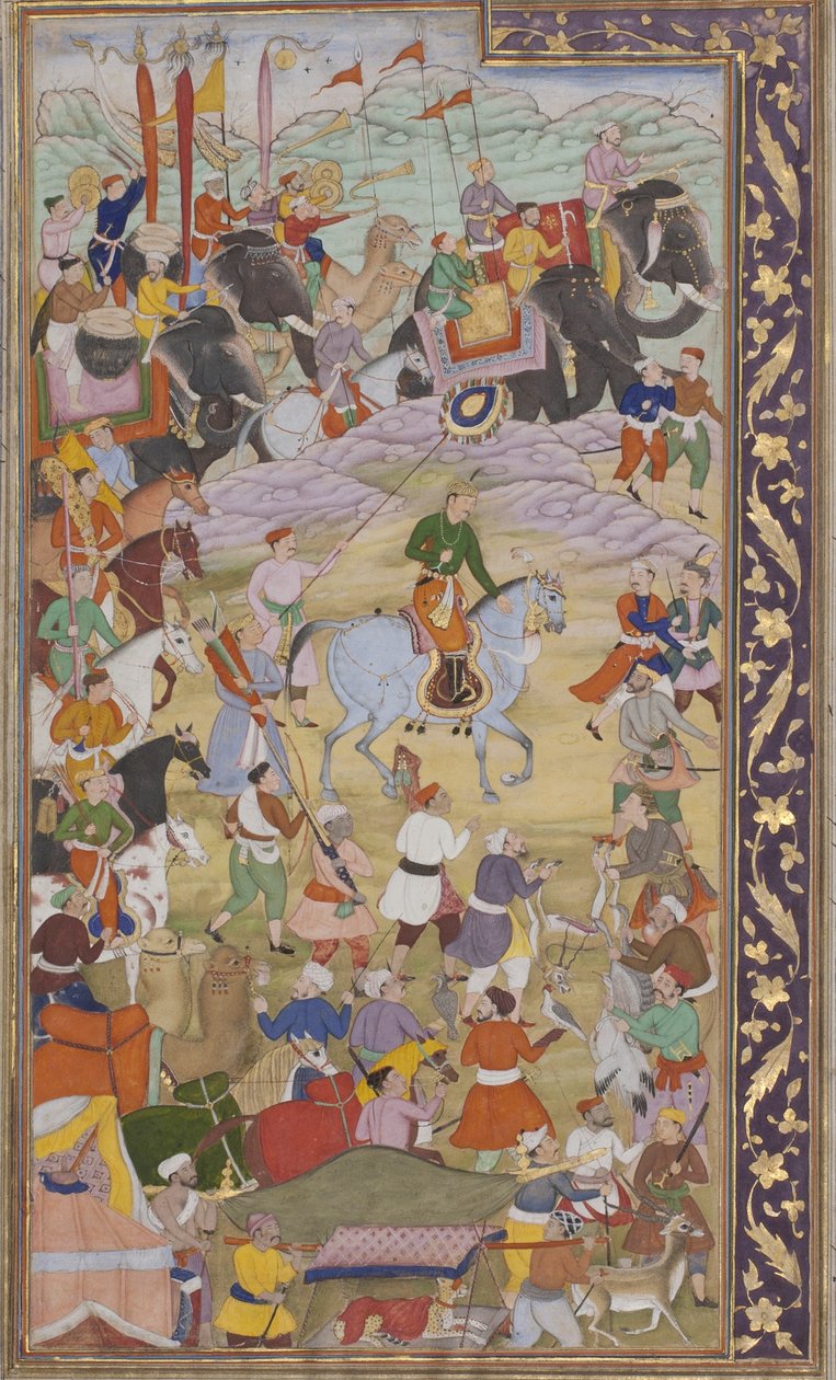 Kejsaren Akbar jagar vid Sanganer på väg till Gujarat, 1600-10 (ogenomskinlig wc & guld på papper) av Mukund