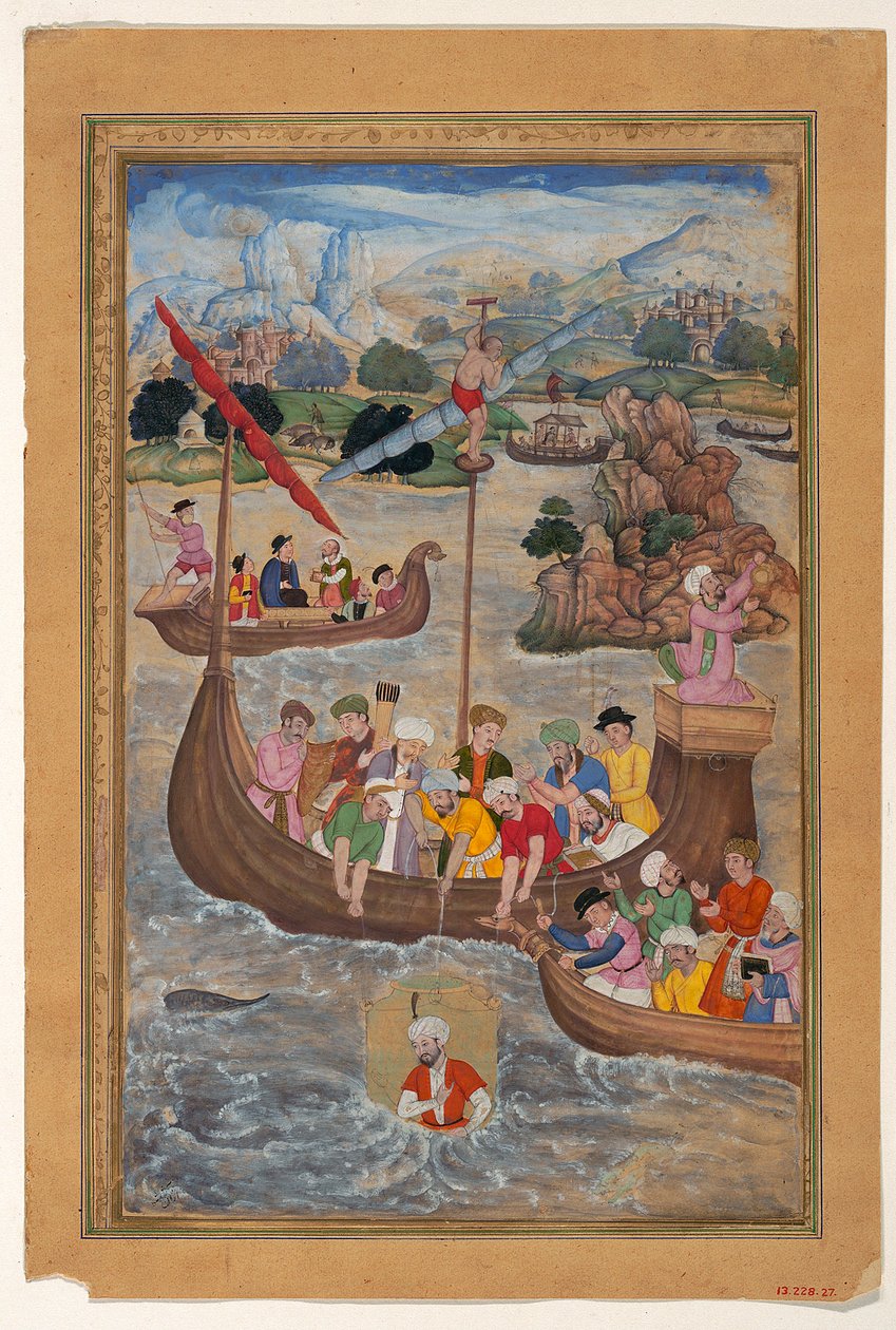 Alexander sänktes i havet i en dykklocka, 1597-8 (bläck, akvarell och guld på papper) av Mukunda attr. to Mukunda attr. to