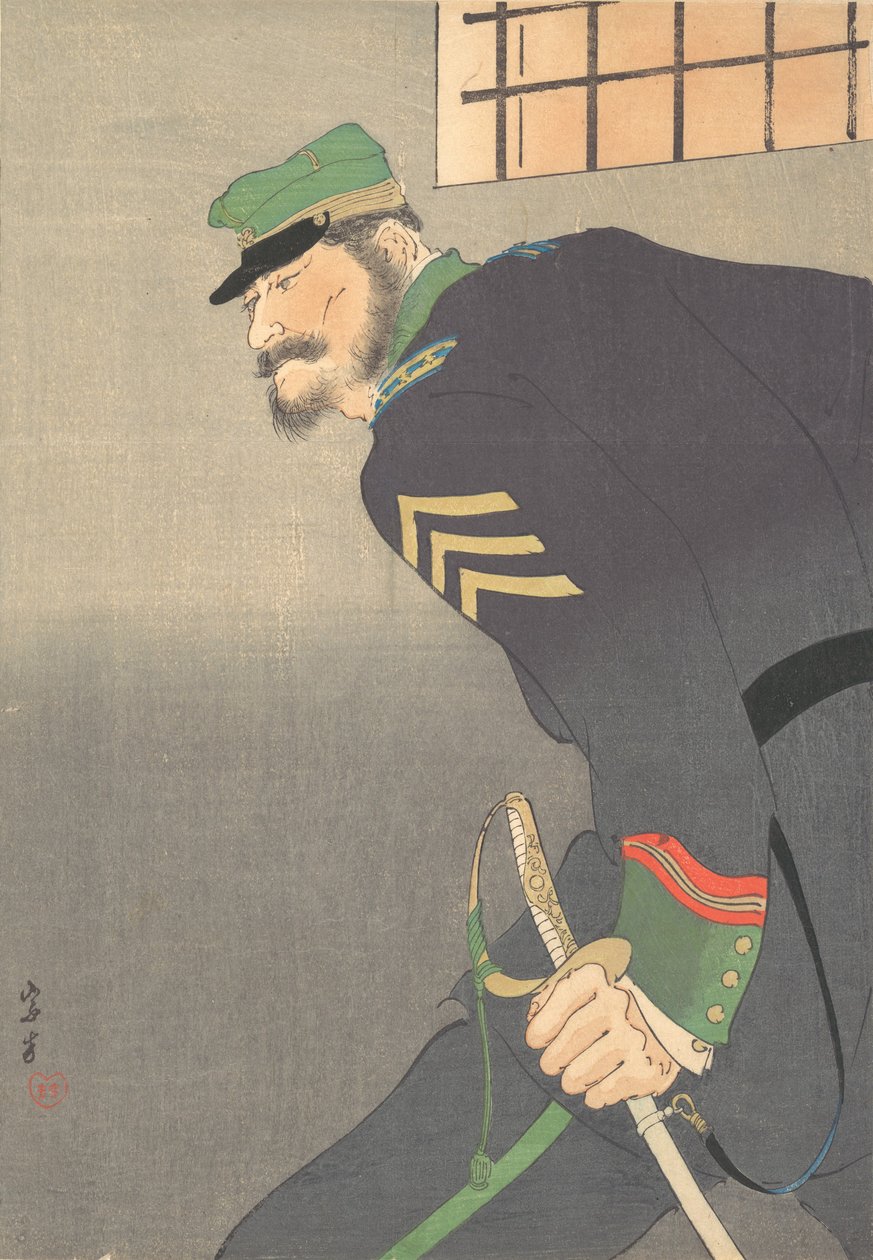 Tryck, [soldat med svärd], ca. 1906. av Munakata