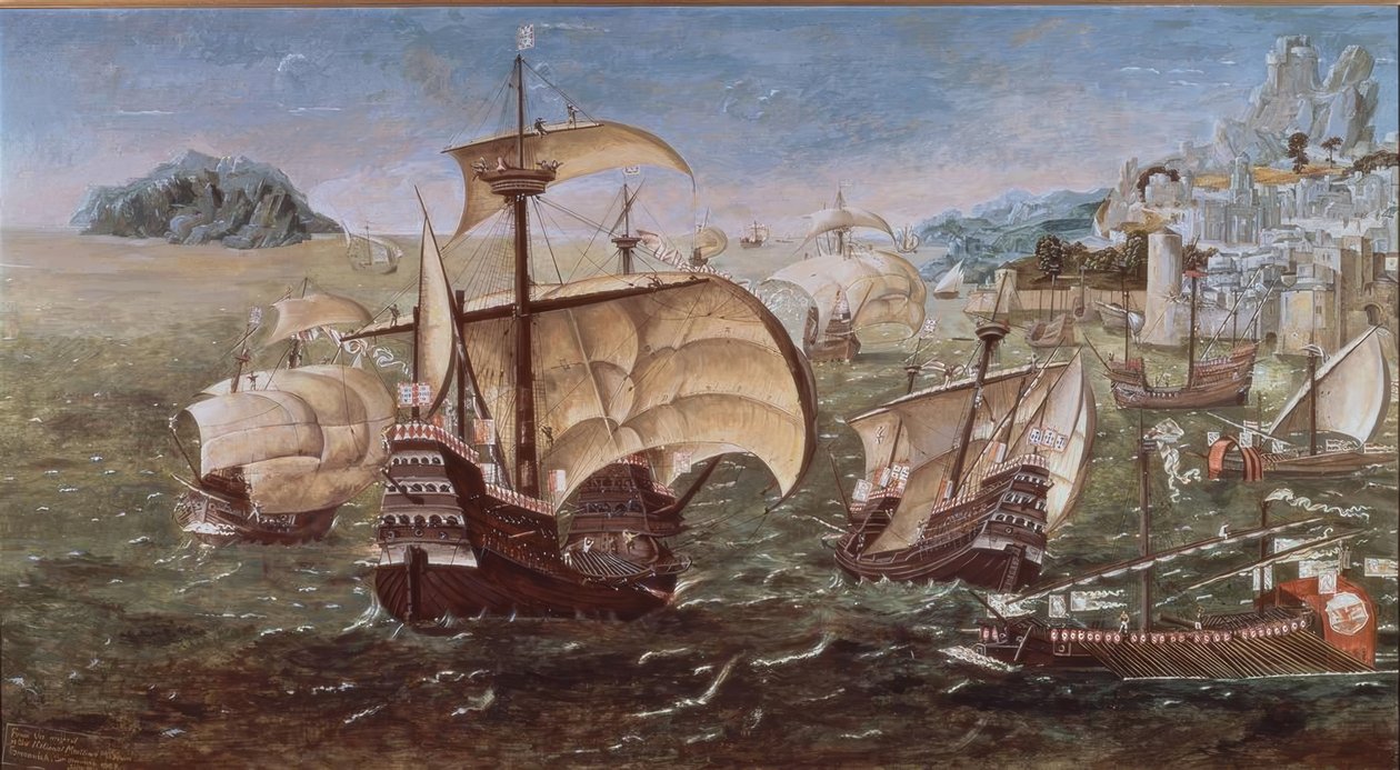 PORTUGISISKA BÅTAR PÅ EN KLANTKUST - XVI-TALET -O / L - 78 × 144 - KOPI AV ORIGINALET AV GREENWICH-MUSEET av Munday John
