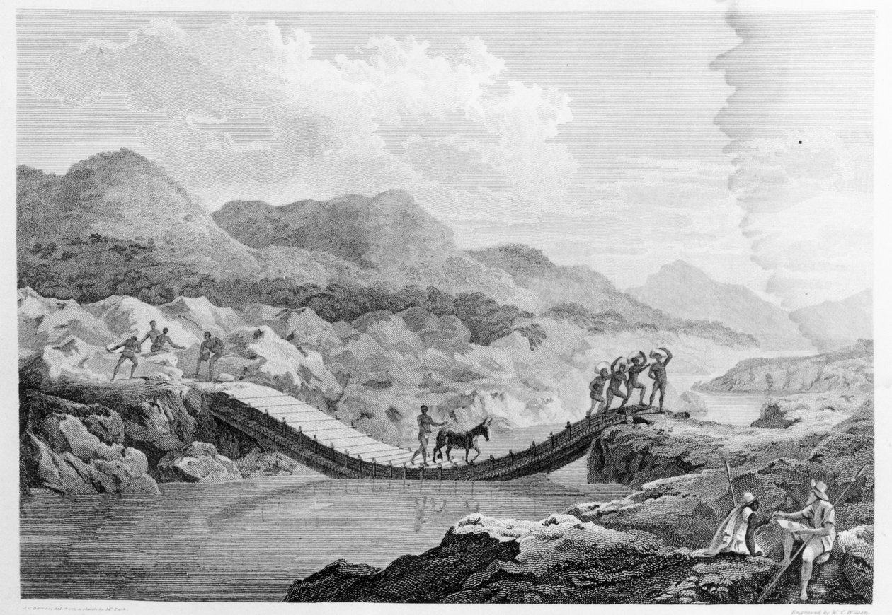 Självporträtt som skissar bron över Bafingfloden, Senegal, från "Resor i Afrikas inre distrikt", publicerad 1799 av Mungo Park