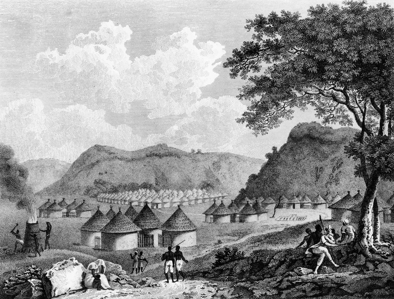 Vy över byn Kamalia från Travels in the interior districts of Africa, 1799 av Mungo Park