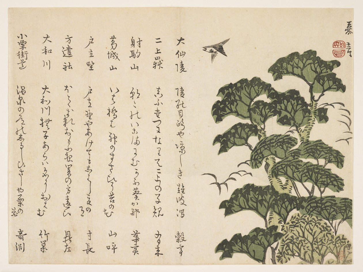 Stort träd och fåglar, ca 1830-44 (träblock i färg) av Murata Kagen