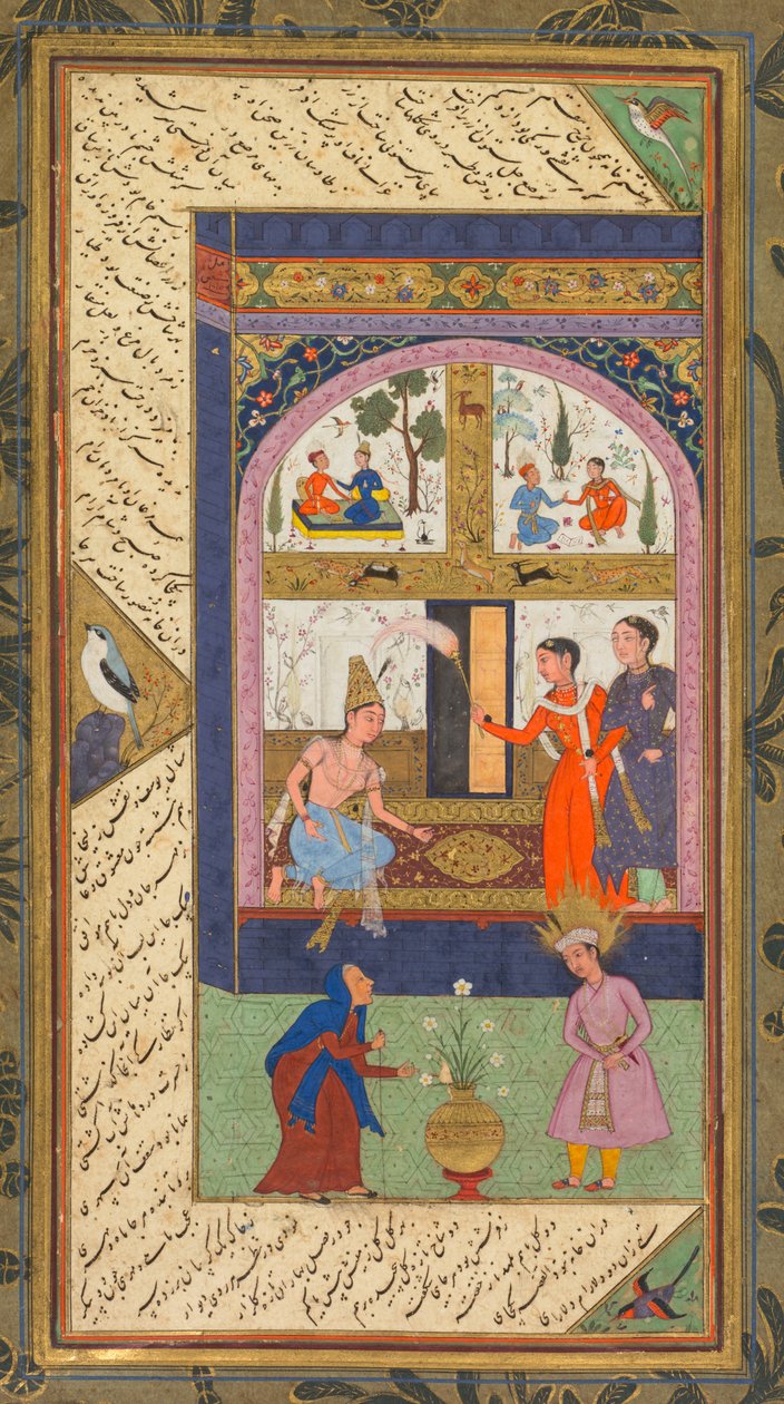 Zulaykha i hennes palats och som en gammal kvinna med Joseph, från en Panj Ganj (fem skatter) av Abd al-Rahman Jami (persiska, 1414–1492); Verso: Från en Panj Ganj av Abd al-Rahman Jami (persiska, 1414–1492), med två masnavis: Yusuf va Zulaykha (Joseph och av Mushfiq
