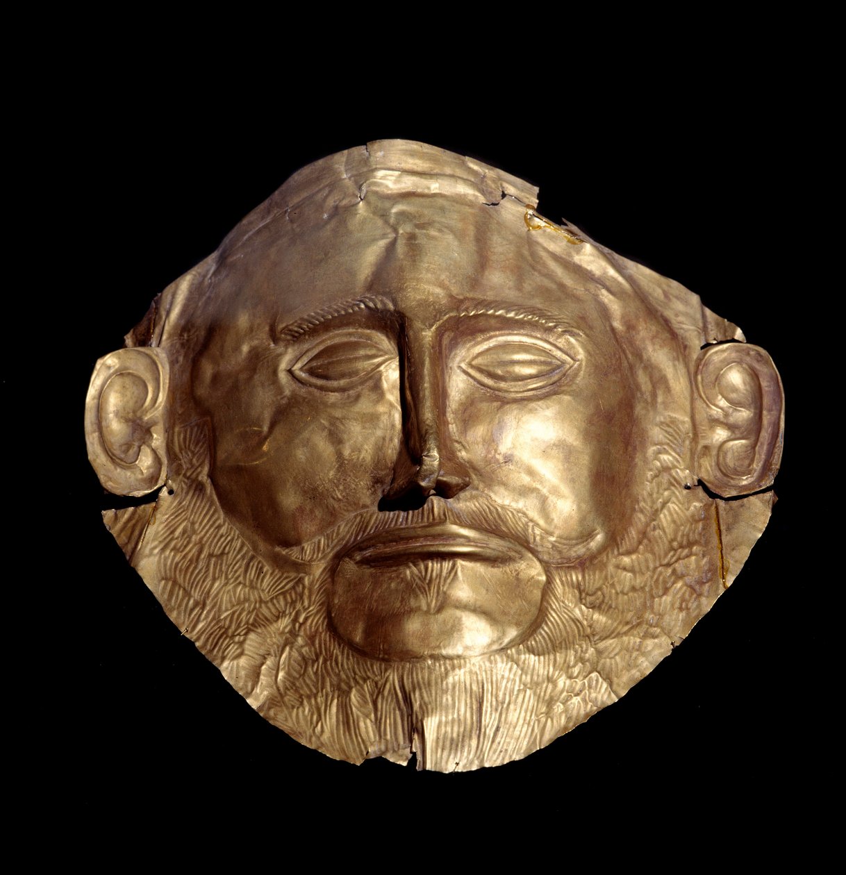 Begravningsmask i mykenskt guld (av Mykenes) känd som "Mask of Agamemnon"" av Mycenaean