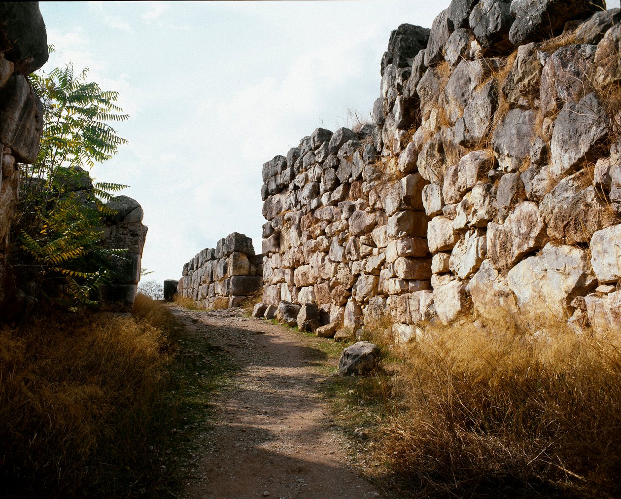 Mykensk konst: tillgång till det mykenska citadellets övre fästning, staden Tiryns, omkring 1200 f.Kr. Grekland av Mycenaean