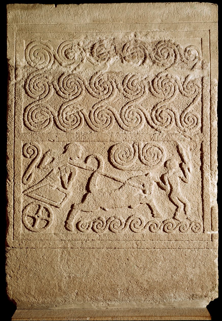 Mykensk konst: begravningsstele i kalksten med representation av ett slag från Mykenes. 1500-talet f.Kr. Dämpa. 133 cm Aten, Arkeologiska museet av Mycenaean