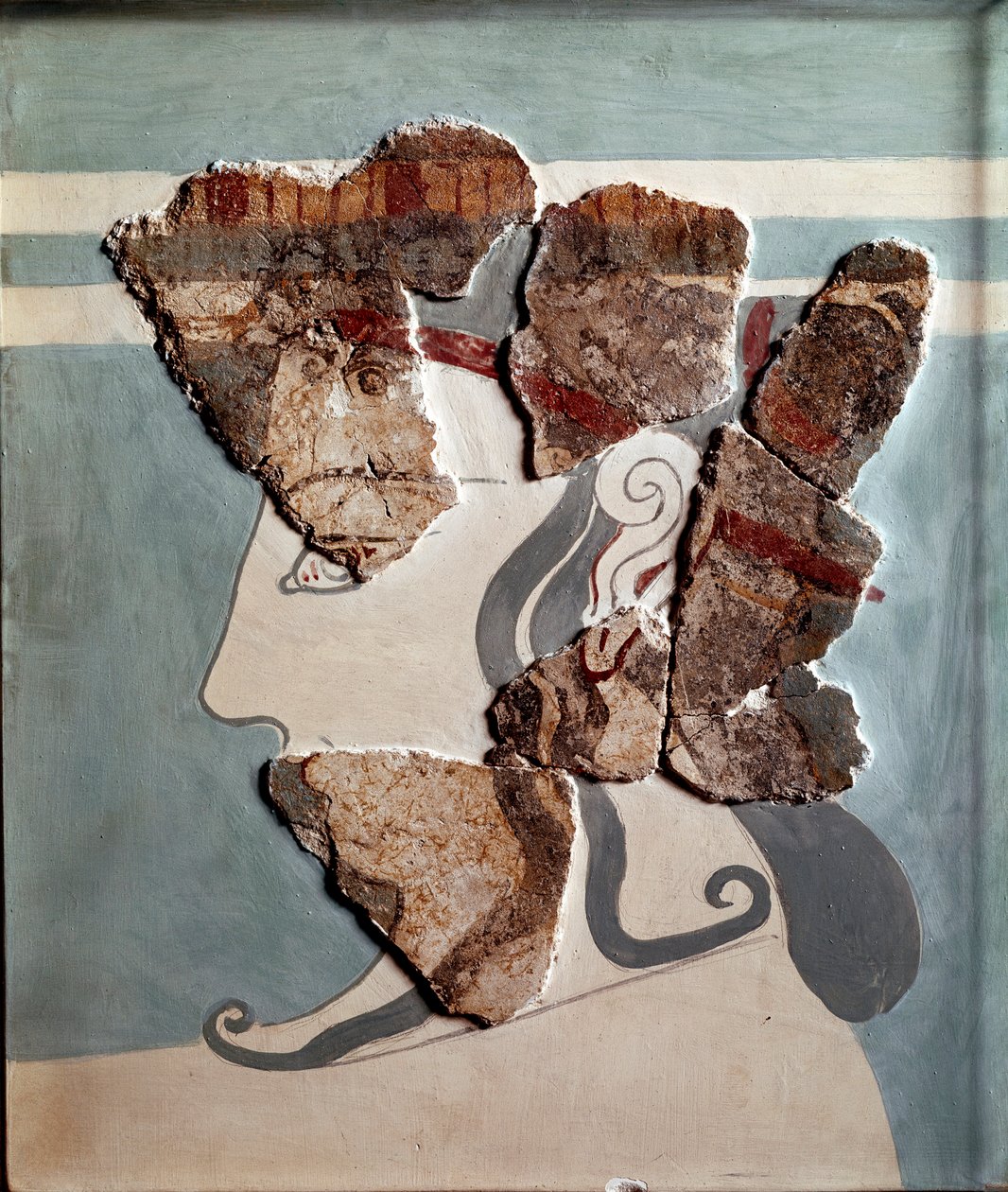 Mykensk konst: feminint huvud. Fragment av fresk från Tiryns palats av Mycenaean