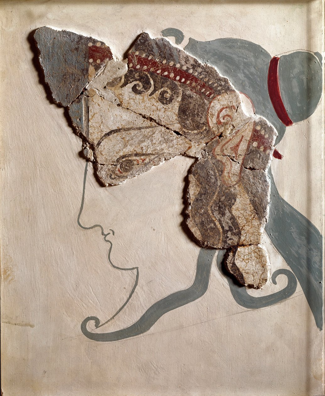 Mykensk konst: feminint huvud. Fragment av fresk från Tiryns palats av Mycenaean