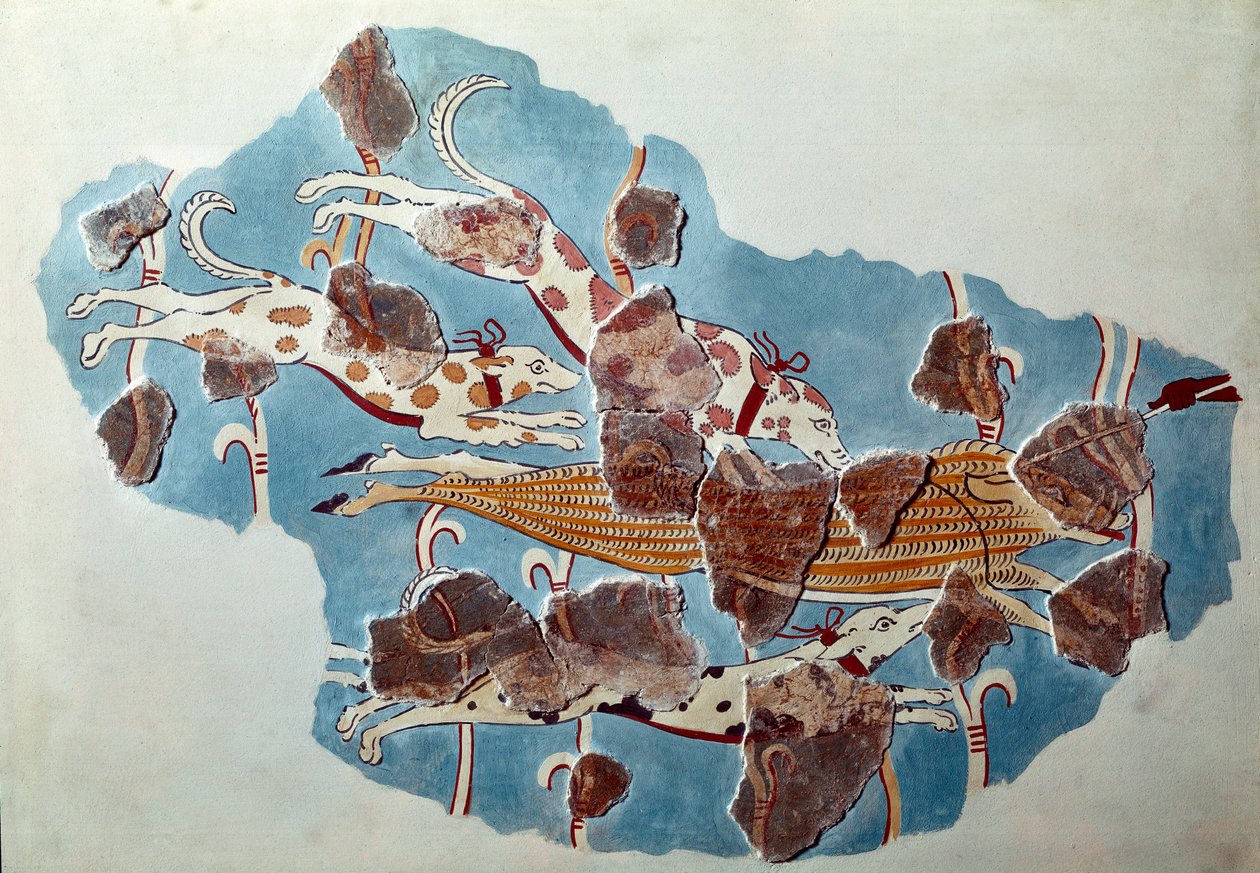 Mykensk konst: jaktscen, hundar jagar vildsvin. Fragment av fresk från Tiryns palats och rekonstitution av Mycenaean