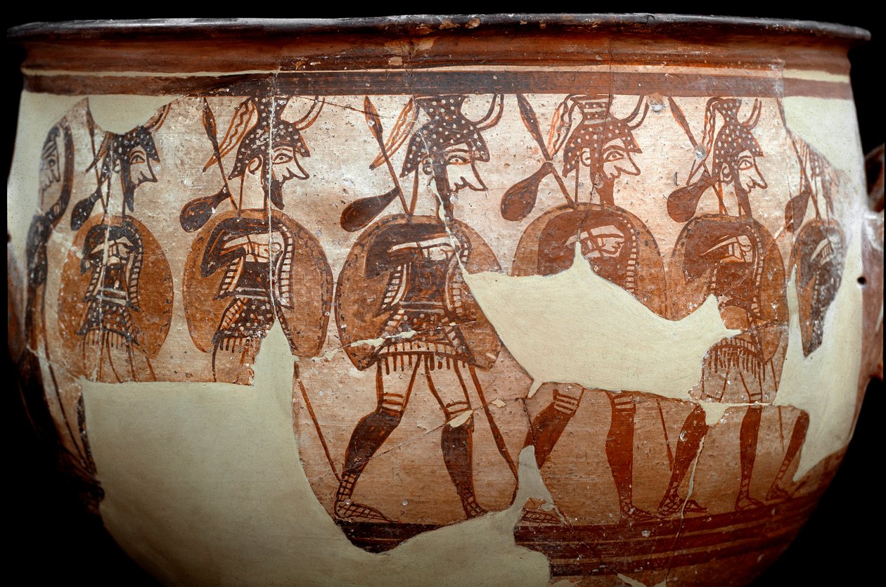 Mykensk civilisation: krater kallad Warriors. Från kretsen av gravar A till Mykenes. 1100-talet f.Kr. Athens, National Archaeological Museum - Art of mycenaean civilisation: krater som kallas Warriors krater. Från gravcirkeln A vid Mykene. 1100-talet av Mycenaean Mycenaean