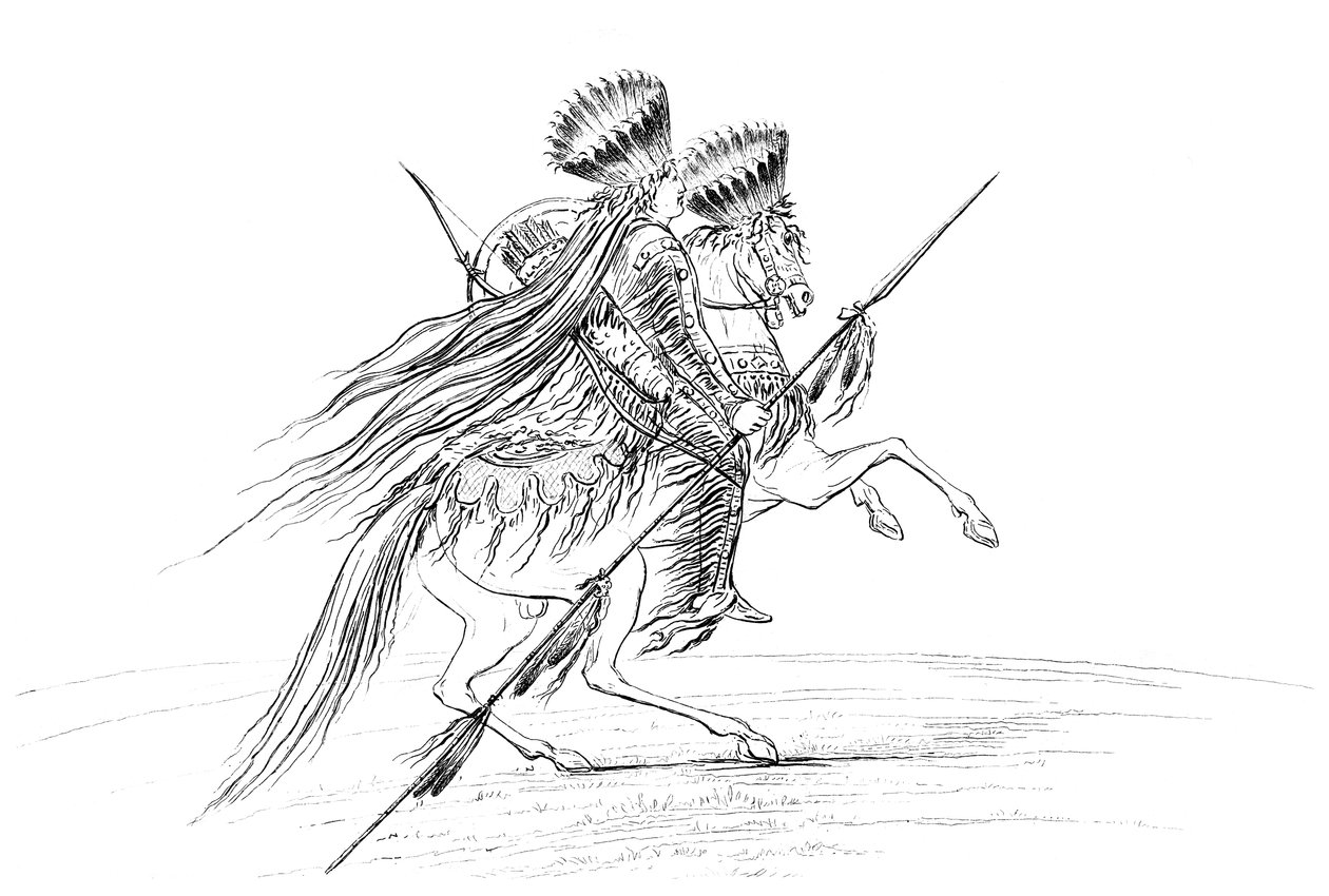 Indianman med vapen och huvudbonad, ridande på häst, 1841. av Myers and Co