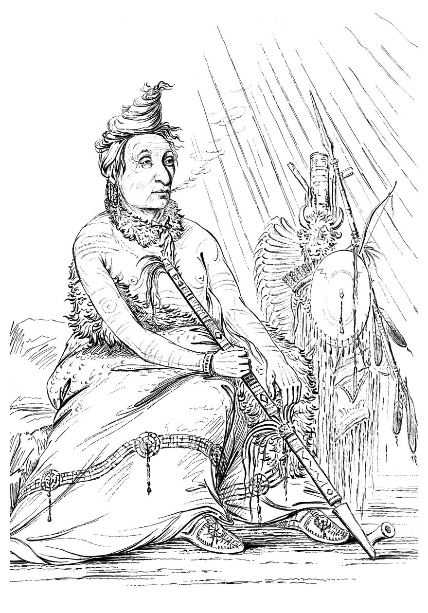 Porträtt av Black Moccasin, Chief of the Minnetarees, 1841. av Myers and Co