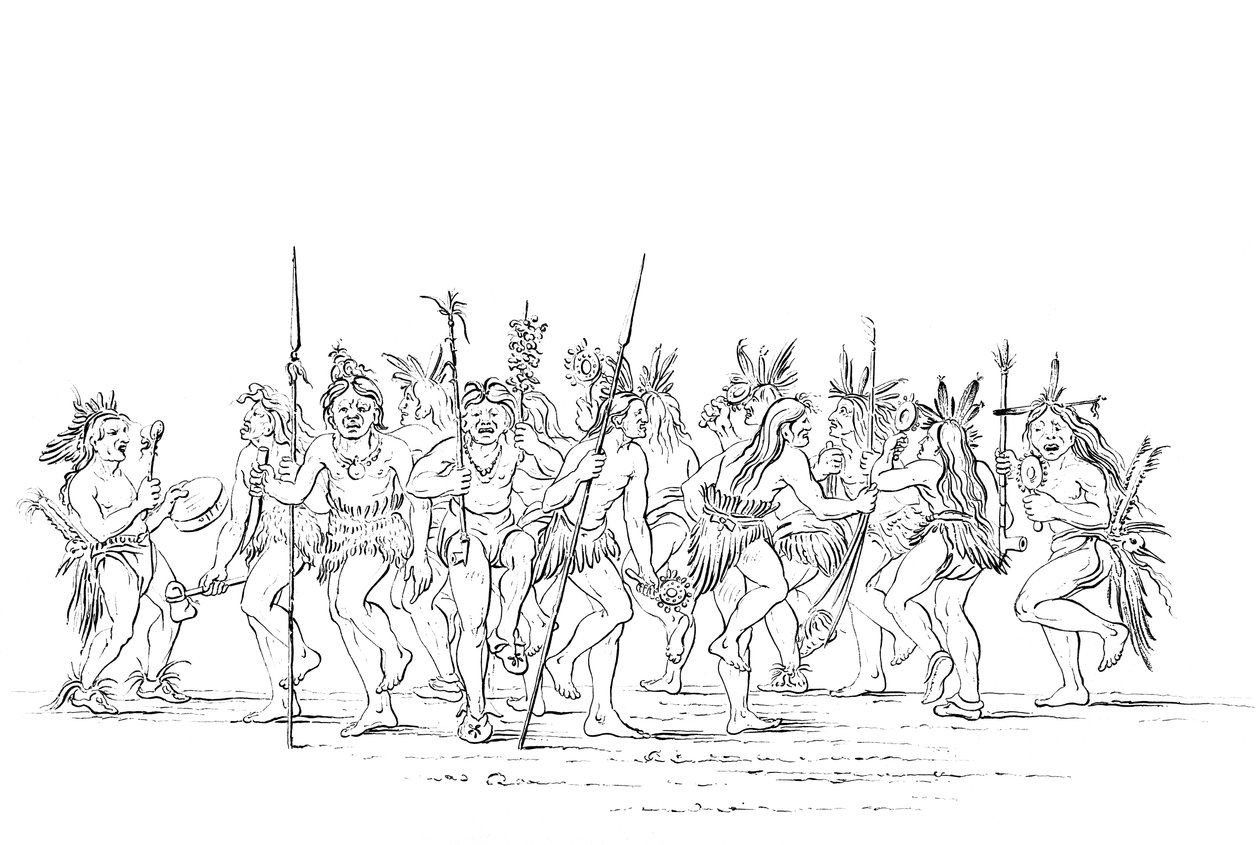 Sioux-stammen utför en tiggardans, 1841. av Myers and Co