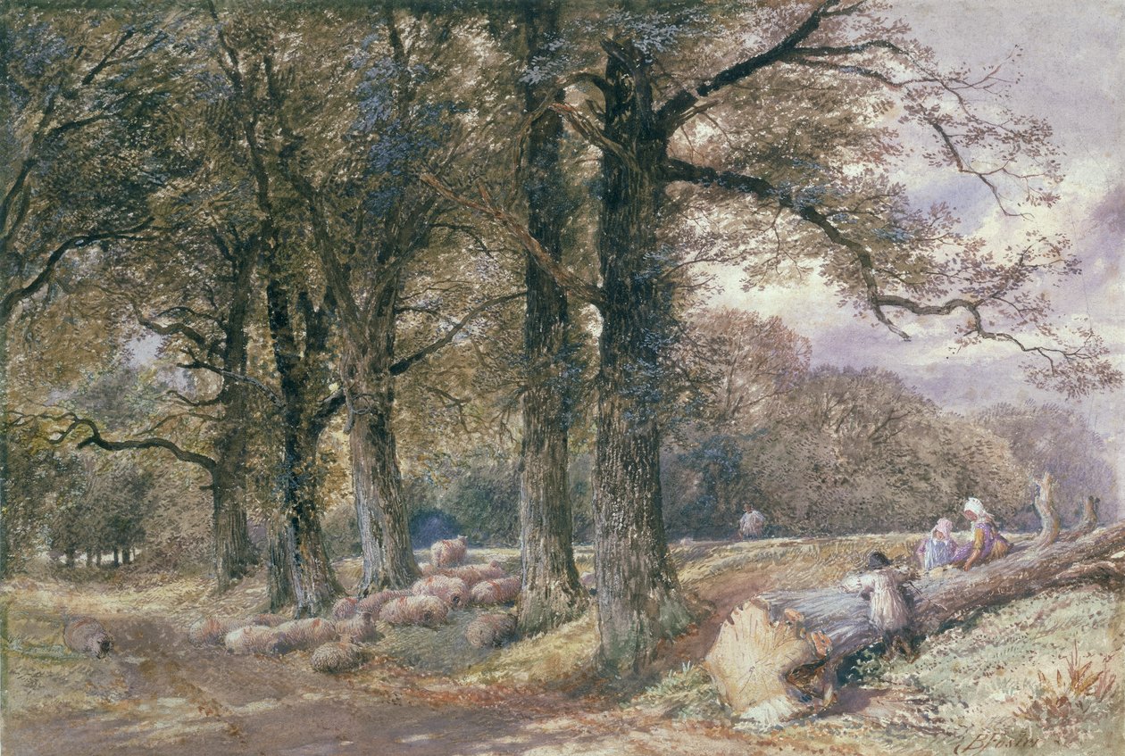 Barn som sitter på trädstam av Myles Birket Foster