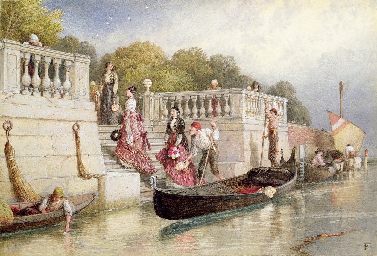Avstigning från gondolen, Venedig (wc med kroppsfärg på papper) av Myles Birket Foster