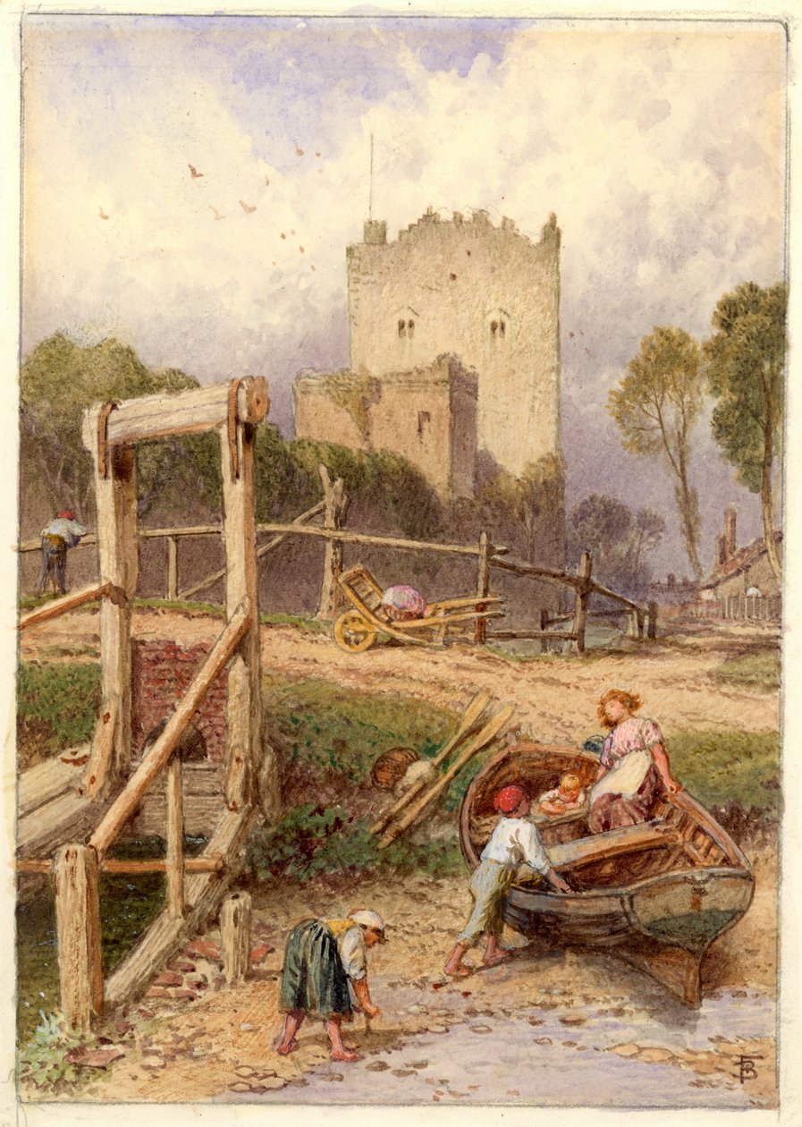 Landskap med båt och figurer (akvarell på papper) av Myles Birket Foster
