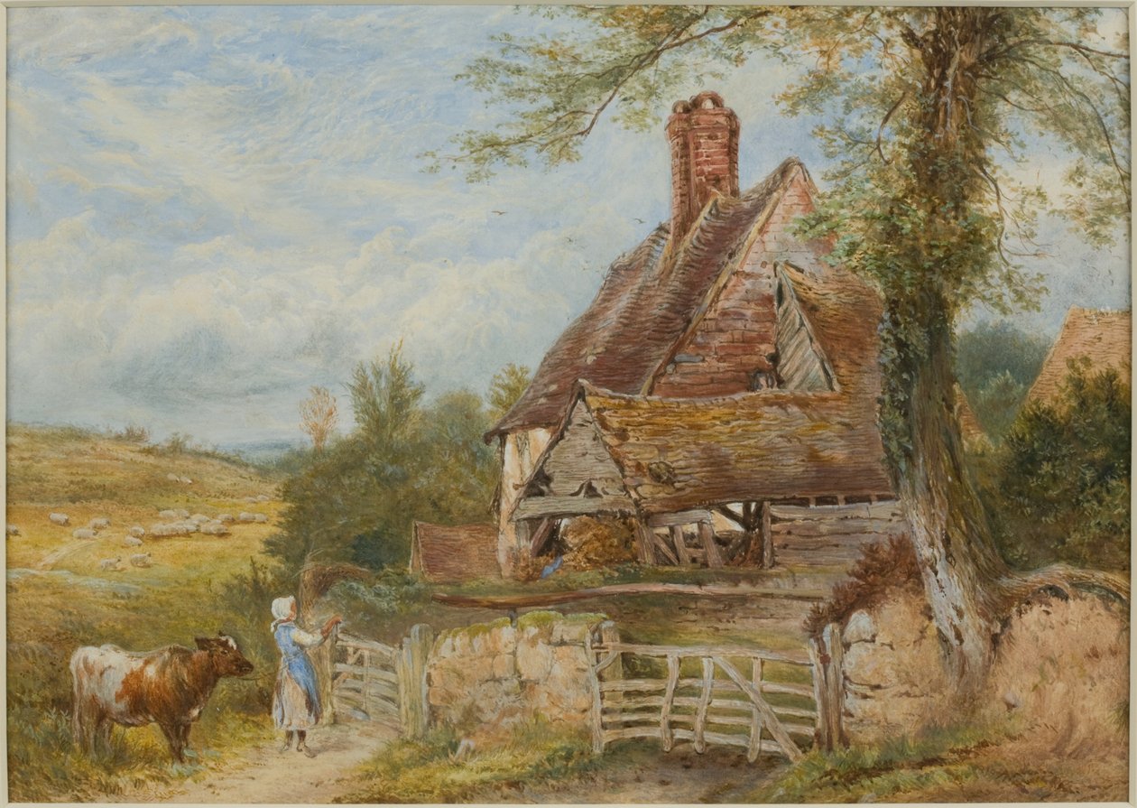 Landskap med stuga, flicka och ko (kroppsfärg och penna på papper, klistrad på kort) av Myles Birket Foster