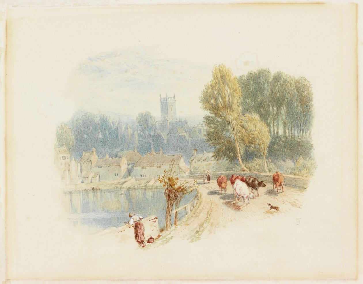 Flodscen med kyrka (blyerts och akvarell på kartong) av Myles Birket Foster