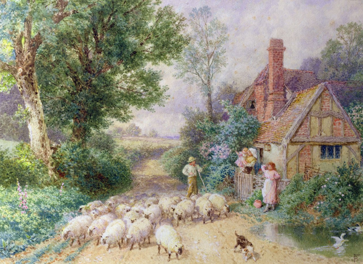 Shepherd och hans flock passerar en lantstuga av Myles Birket Foster