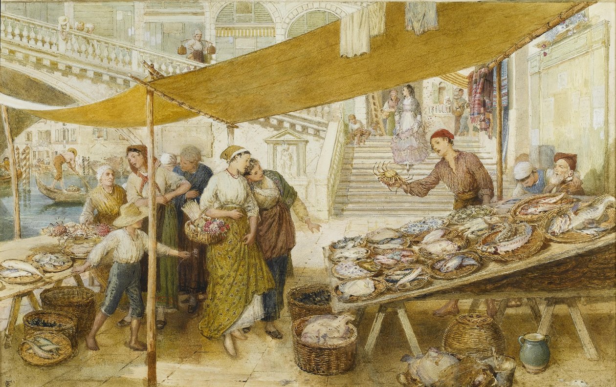 The fish market on the steps of the Rialto Bridge av Myles Birket Foster