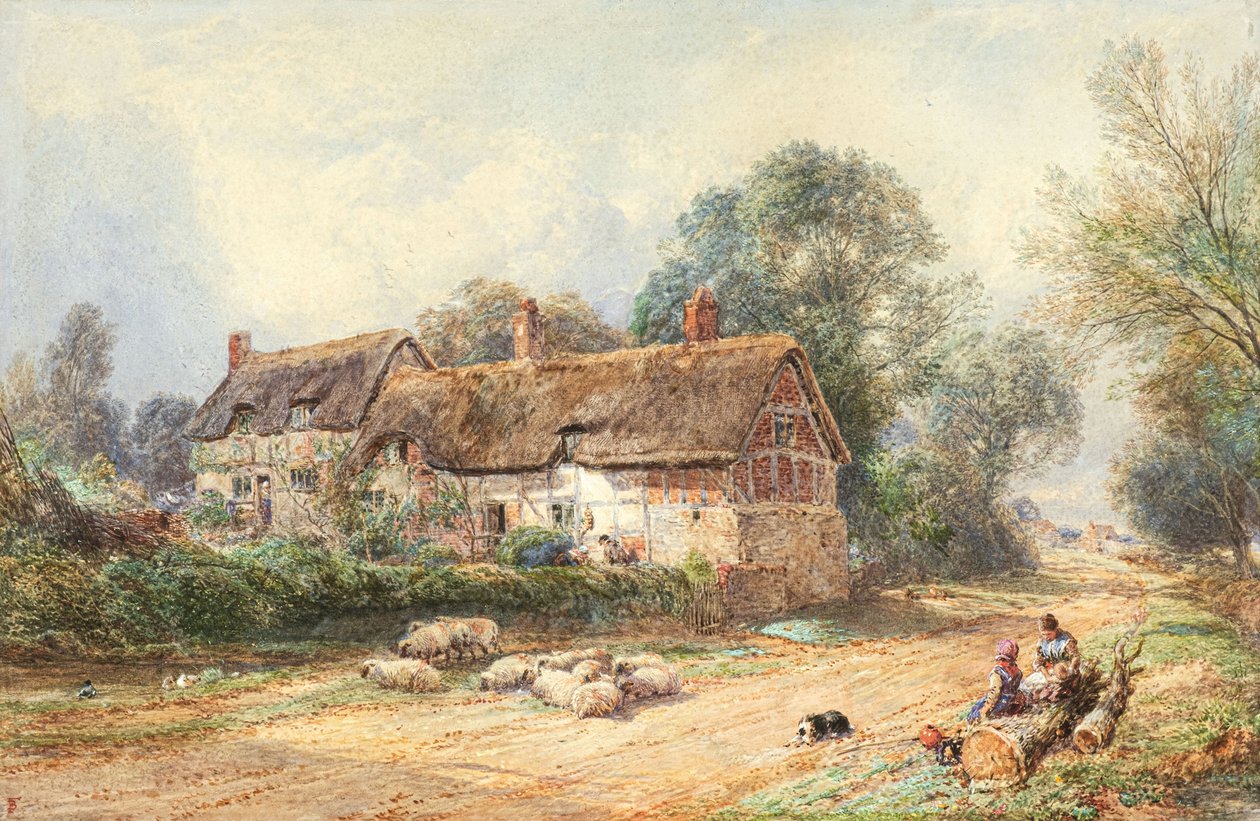 En stuga med halmtak på en väg (akvarell) av Myles Birket Foster