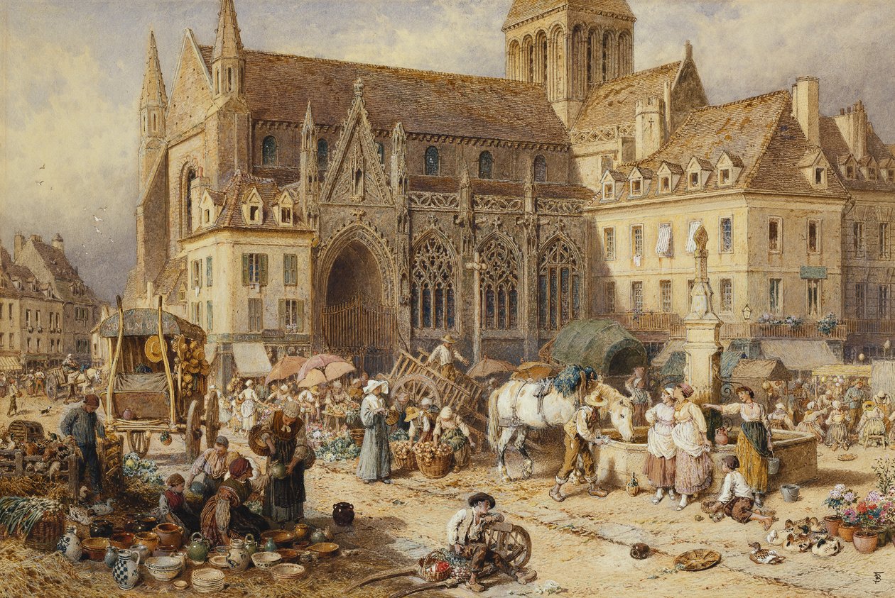 På Gervaise, Falaise: Marknadsdag, av Myles Birket Foster