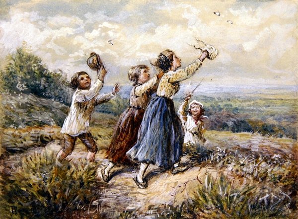 Barn som jagar fjärilar (gouache och akvarell på papper) av Myles Birket Foster